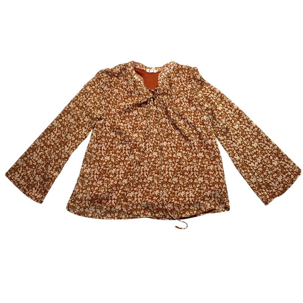 West K Jessica Rust Orange Floral Ditsy Print Tie Neck Bell Sleeve Blouse Sz L